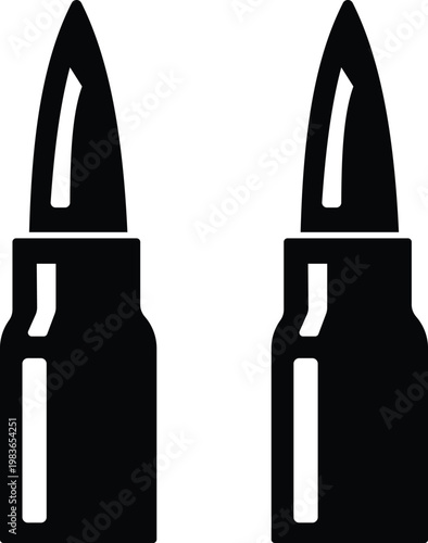 Bullet ammunition cartridge icon in black flat and line style vector illustration, ammo shell caliber symbol pack minimal outline design, shooting supply elements