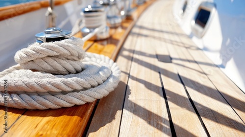 Sailing Rope Tied on a Wooden Deck During Sunny Weather on a Boat in the Water