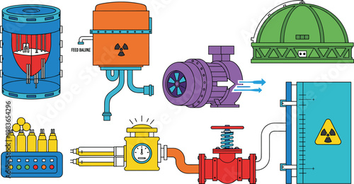 Title: Nuclear Power Plant and Energy Generation Icon Set Featuring Radioactive Symbols, Industrial Turbines, Cooling Domes, Fuel Rods, and Power Grid Infrastructure Concepts