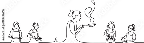 a continuous line of women cooking. a female chef smells the aroma of cooking in the kitchen. one line Icon drawing