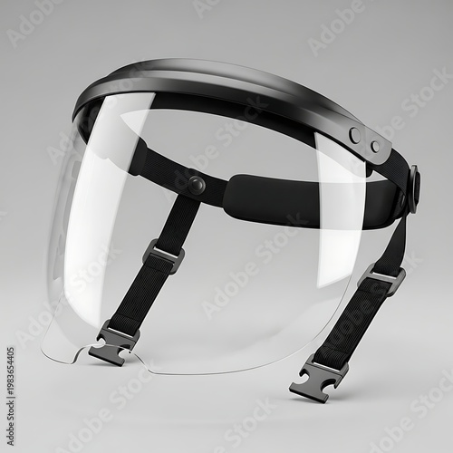 A clear plastic face shield with a black adjustable strap, designed for protection