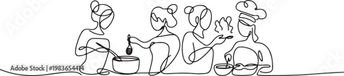 a continuous line of women cooking. a female chef smells the aroma of cooking in the kitchen. one line Icon drawing