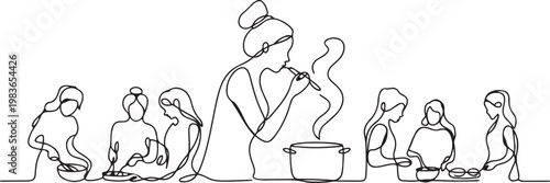 a continuous line of women cooking. a female chef smells the aroma of cooking in the kitchen. one line Icon drawing