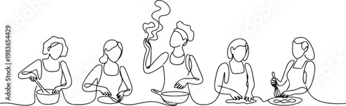 a continuous line of women cooking. a female chef smells the aroma of cooking in the kitchen. one line Icon drawing