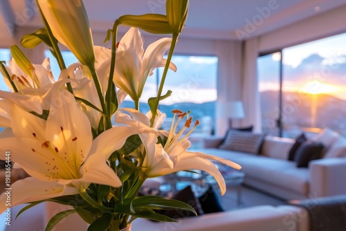 Bright Flowers in a Living Room With a Sunset View in the Background During t...