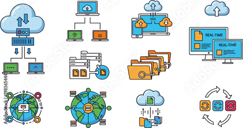 Title: Cloud Computing and Global Data Networking Icon Set Featuring Servers, File Storage Folders, Laptop Syncing, Database Management, and Worldwide Connection Symbols