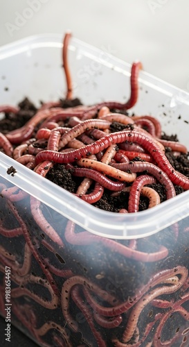A clear plastic bin overflows with wriggling red earthworms in dark soil
