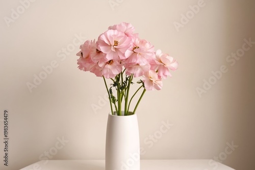 Fresh Pink Flowers in a White Vase on a Plain Background in a Simple Setting