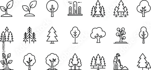 Variety of tree icons in black and white