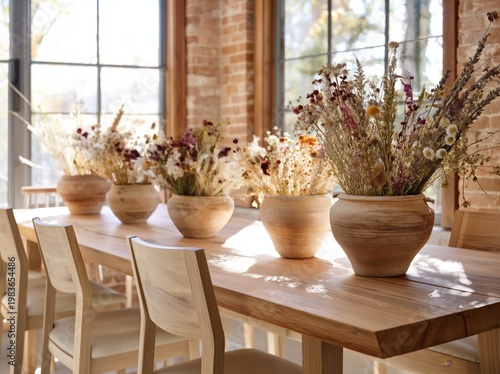Five Vases With Dried Flowers on a Wooden Table in a Bright Room