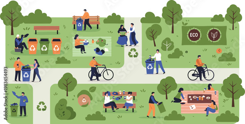 Eco Friendly Public Park Illustration with People Recycling, Sorting Waste, Riding Bicycles, and Enjoying Sustainable Outdoor Activities for Environmental Concepts