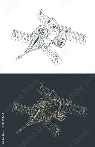 Agricultural disc harrow farm machinery isometric technical drawings