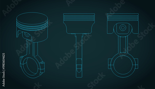 Combustion engine piston and connecting rod assembly technical drawings illustration