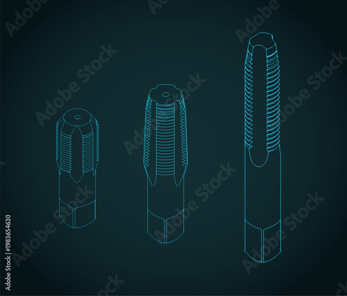 Hand taps set for internal thread cutting isometric blueprints illustration