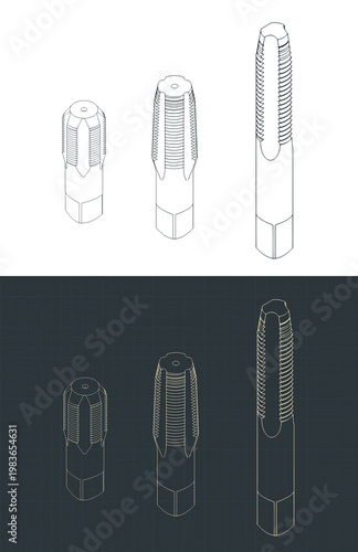 Hand taps set for internal thread cutting isometric blueprints