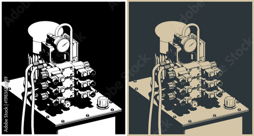 Hydraulic power pack unit with solenoid valves and pressure gauge illustrations
