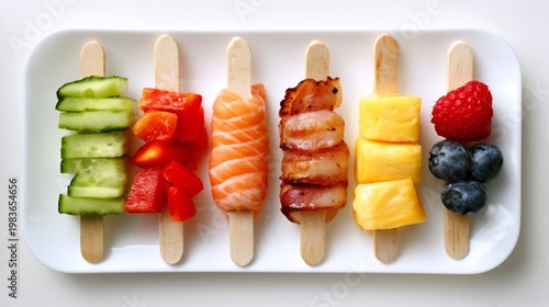 Sushi and Fruit on Sticks Arranged on a White Plate at a Kitchen Table