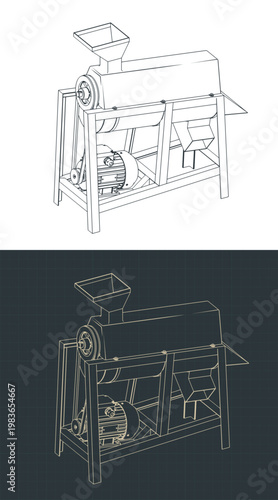 Industrial corn sheller machine isometric blueprints