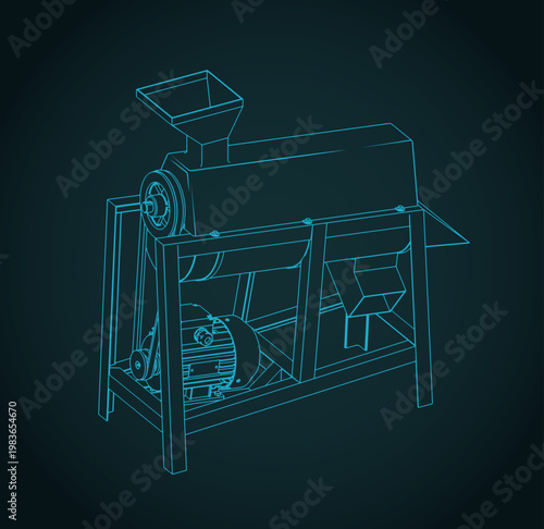 Industrial corn sheller machine isometric blueprint