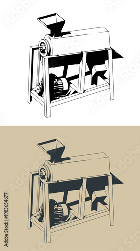 Industrial corn sheller machine isometric illustrations