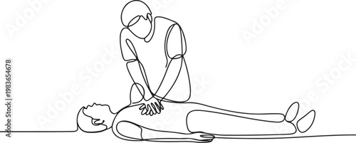 First emergency CPR on a person with a heart attack. CPR cardiac resuscitation of medical personnel. one line Icon drawing