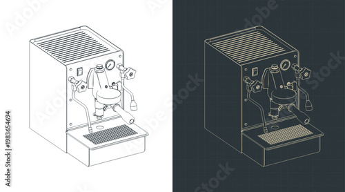 Professional espresso machine technical isometric drawings