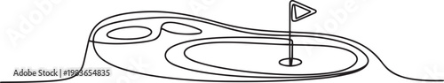 continuous line vector golf course. single line vector golf course, flag and hole. one line Icon drawing