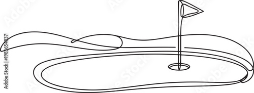 continuous line vector golf course. single line vector golf course, flag and hole. one line Icon drawing