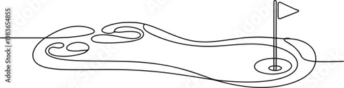 continuous line vector golf course. single line vector golf course, flag and hole. one line Icon drawing