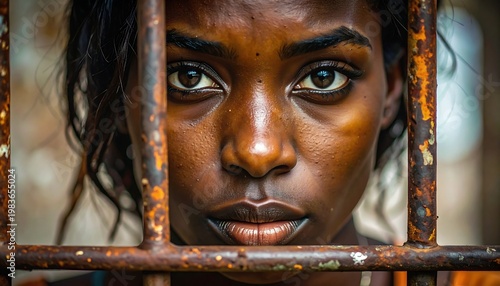 A woman's face behind rusty bars