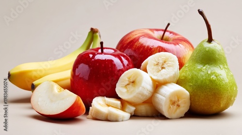 Fresh Fruit Display With Apples, Bananas, and Pears on a Neutral Background D...