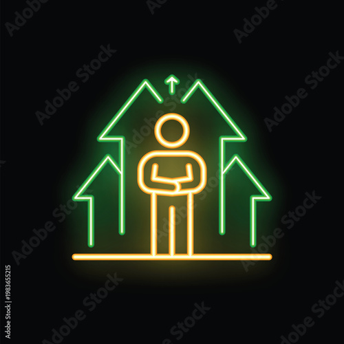 Neon icon of a businessman standing with his arms crossed deciding which way to go for his career