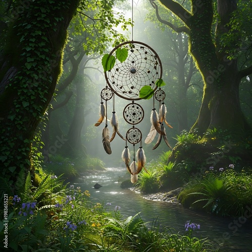 A dreamcatcher hangs over a sunlit stream in a lush, green forest