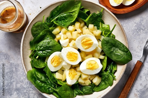 Healthy Salad With Spinach, Potatoes, and Boiled Eggs on a Simple Plate