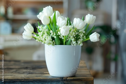 Pink Tulips in Vase on Wooden Table by a Window With Sunlight Shining Through...
