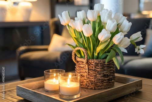 Fresh White Tulips in a Woven Basket With Candles on a Wooden Tray in a Cozy ...