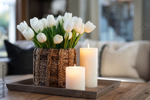 Fresh Tulips in a Woven Basket With Candles on a Wooden Table in a Cozy Livin...