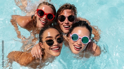 Friends Enjoy Swimming and Laughing Together in a Pool on a Sunny Day at a Le...