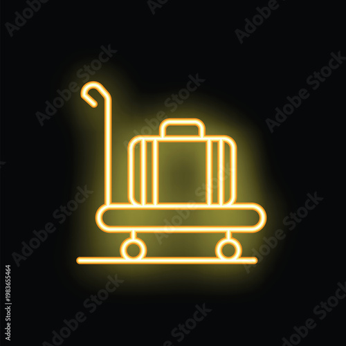 Neon sign depicting a piece of luggage on a cart, signifying airport baggage claim