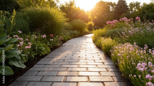 Pathway in a Garden at Sunset With Flowers and Plants Lining Each Side