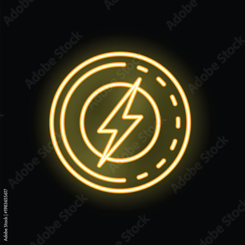 Yellow neon sign representing a cryptocurrency coin with a lightning bolt, illustrating the concept of fast transactions
