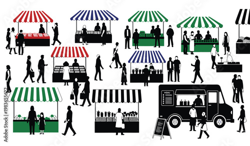 A bustling outdoor farmers market scene with multiple stalls and people all rendered as a striking silhouette high quality professional detailed modern elegant stylish