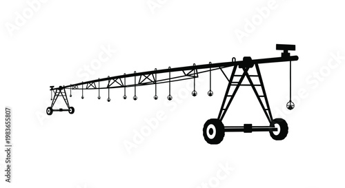 A striking black silhouette depicts a center pivot irrigation system extending across a white background showcasing agricultural technology high quality professional detailed modern elegant