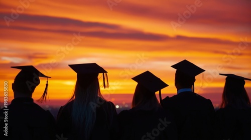 Graduates Looking at Sunset After Ceremony at University in Evening Hours