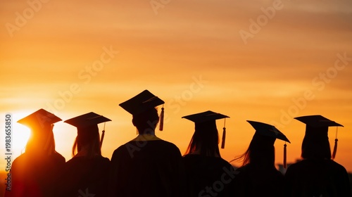 Graduates Stand Together at Sunset Wearing Caps and Gowns With Bright Sky in ...