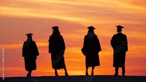 Graduates Looking at Sunset After Ceremony at University in Evening Hours