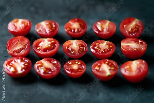 Sliced Cherry Tomatoes Arranged Neatly on a Dark Surface in a Kitchen Setting...