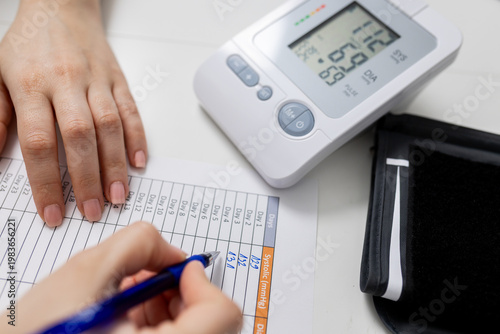 Writing blood pressure readings on tracking chart beside digital monitor