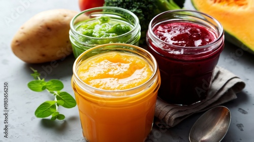 Three Jars of Fresh Fruit and Vegetable Purees on a Kitchen Counter With Slic...