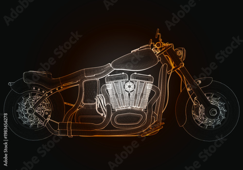 High detailed outline of a motorcycle showing its structure and design with bright colors on a dark background